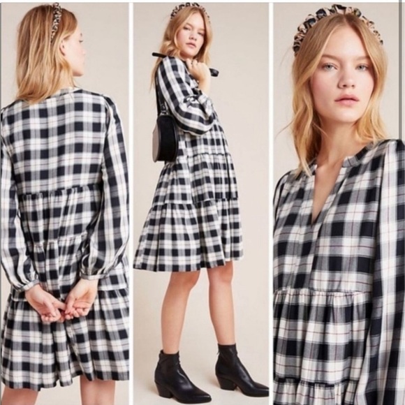 Anthropologie Maeve Amber Tiered Tunic Babydoll Dress Long Sleeve Plaid Size S - Picture 4 of 11